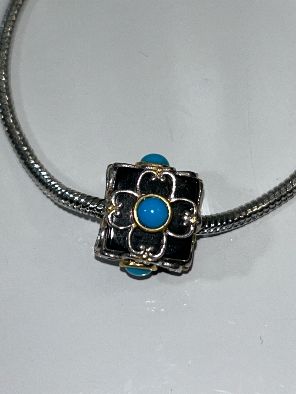 NWOT Gems En Vogue Genuine Turquoise Black Onyx Cube Euro Pandora Style Charm